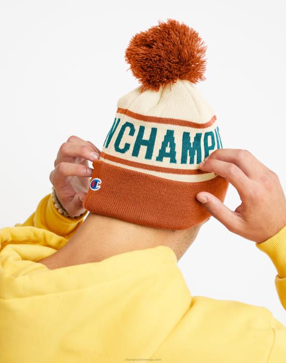 moški kapa z manšeto in pom block šampion 2B84893 kreda bela/texas oranžna