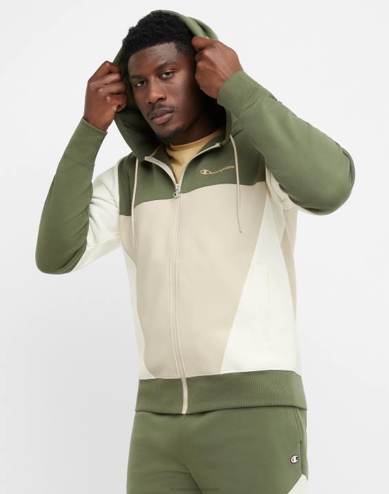 Champion moški flex colorblock pulover s kapuco 2B84173 cargo olivno/belo/sveže tan