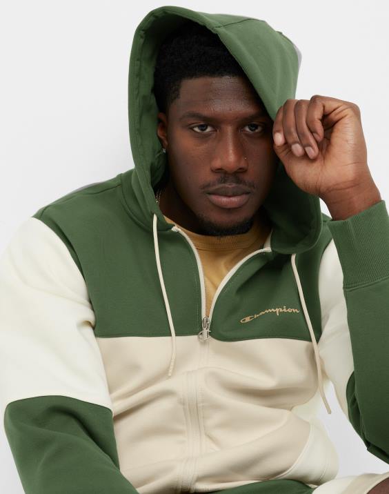 Champion moški flex colorblock pulover s kapuco 2B84173 cargo olivno/belo/sveže tan