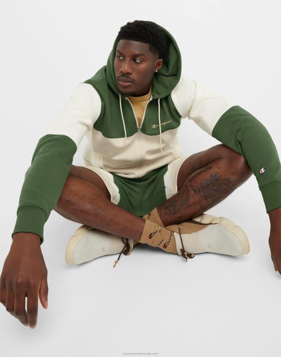 Champion moški flex colorblock pulover s kapuco 2B84173 cargo olivno/belo/sveže tan