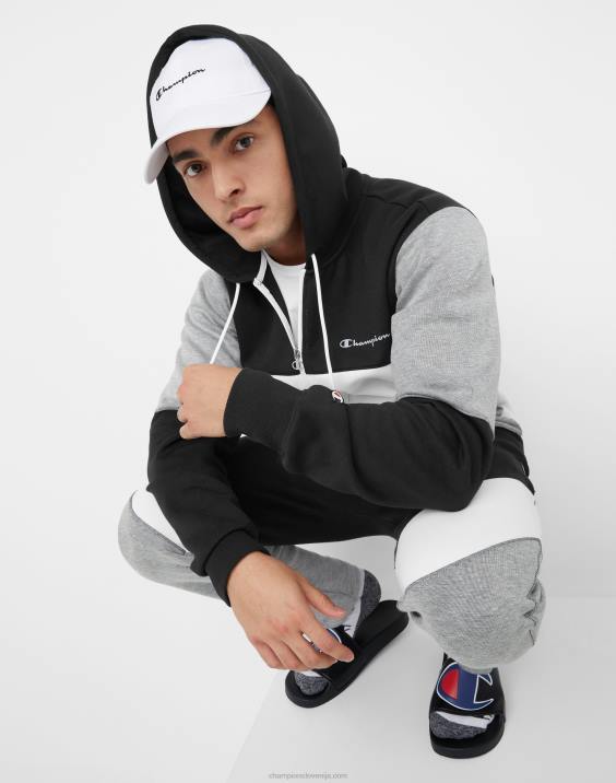 Champion moški flex colorblock pulover s kapuco 2B84174 črna/bela/oxford siva