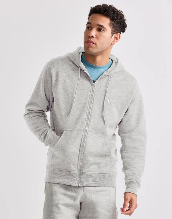 Champion moški klasičen pulover s kapuco s polno zadrgo in logotipom ter napisom na aplikaciji 2B84179 kremno vresje iz beljenega kamna