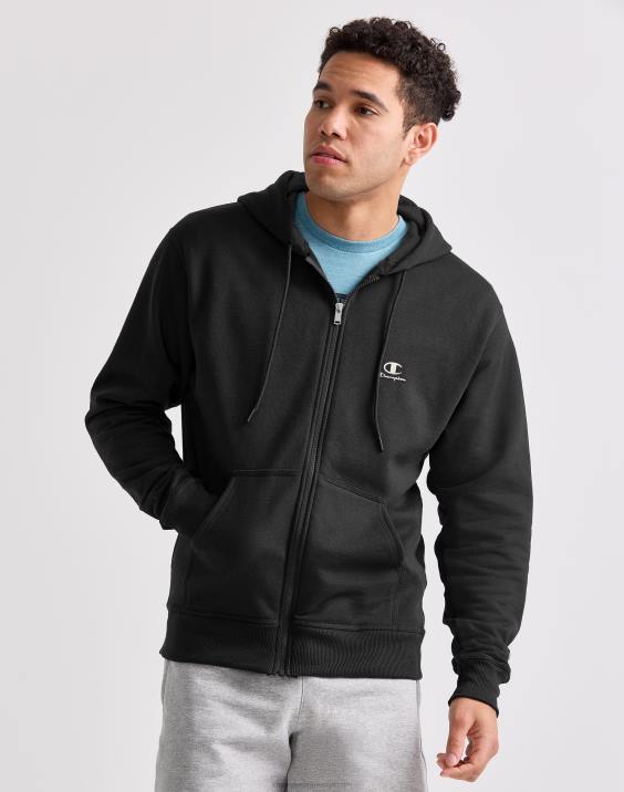 Champion moški klasičen pulover s kapuco s polno zadrgo in logotipom ter napisom na aplikaciji 2B84180 Črna