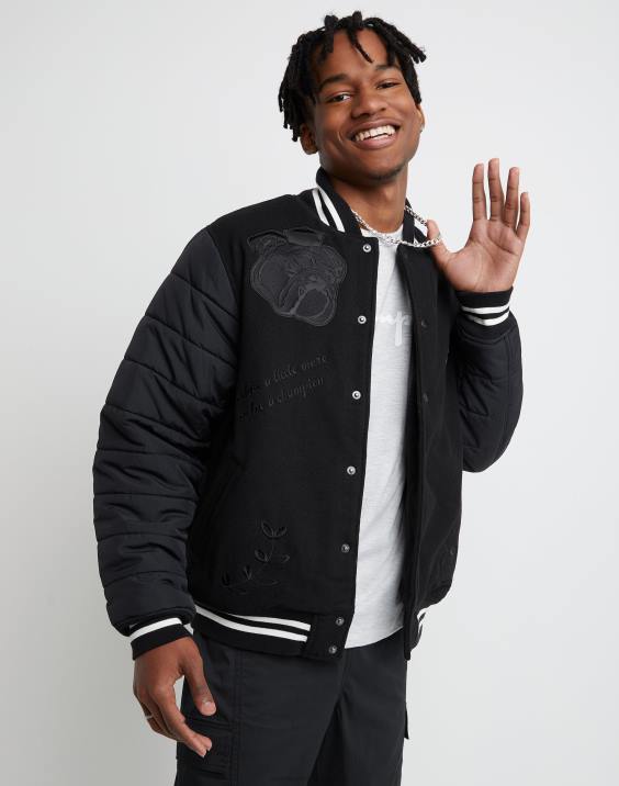 Champion moški prvovrstna pisemska jakna univerzitetno vezena grafika na keperju 2B84198 Črna