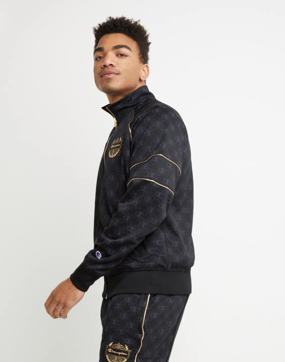 moški trenirka, potiskana z zlatim grbom Champion script 2B84197 c logotip aop črn