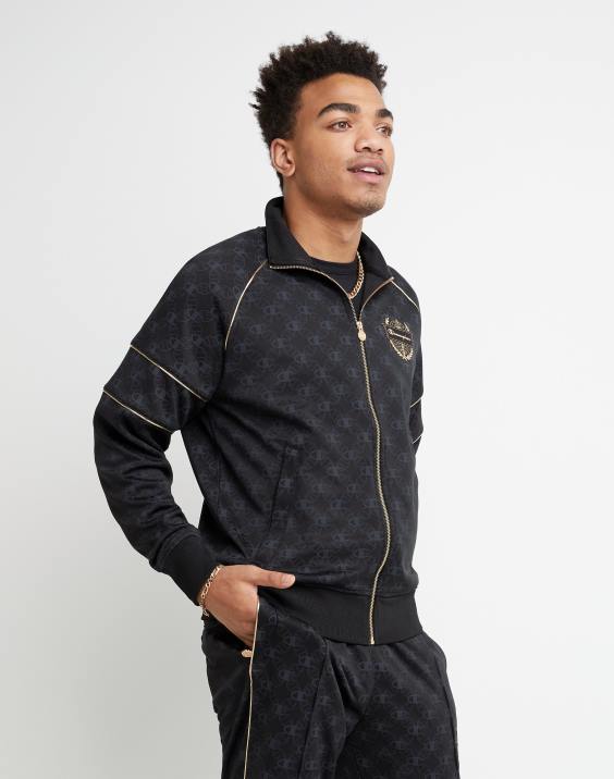 moški trenirka, potiskana z zlatim grbom Champion script 2B84197 c logotip aop črn