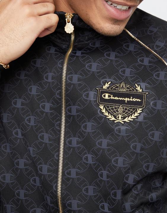 moški trenirka, potiskana z zlatim grbom Champion script 2B84197 c logotip aop črn