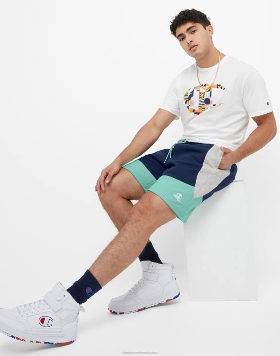 Champion moški klasične kratke hlače iz flisa, blokirane barve 8\" 2B84345 mornarsko modra/kamena smetana/čista meta