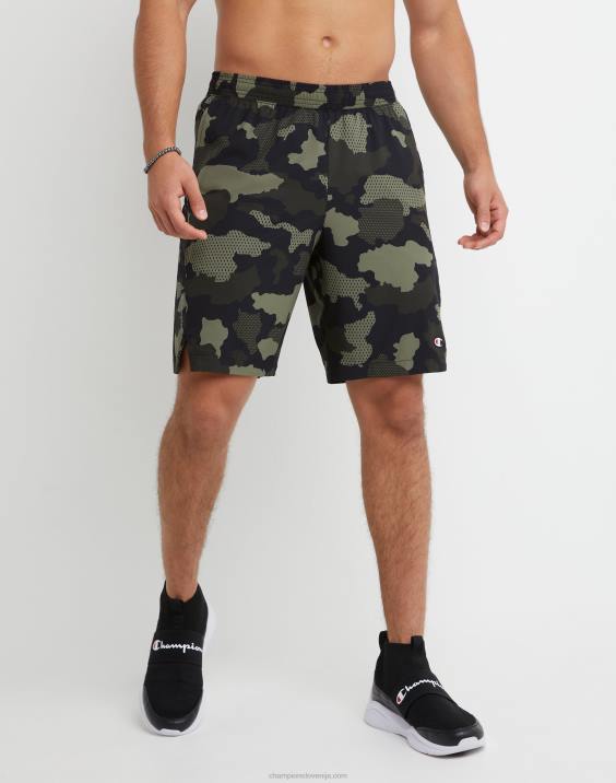 Champion moški kratke hlače mvp, ki odvajajo vlago, celoten tisk in c logotipi 9" 2B84346 mrežasta kamuflažna tovorna oliva