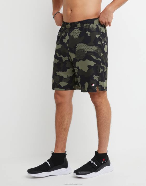 Champion moški kratke hlače mvp, ki odvajajo vlago, celoten tisk in c logotipi 9\" 2B84346 mrežasta kamuflažna tovorna oliva