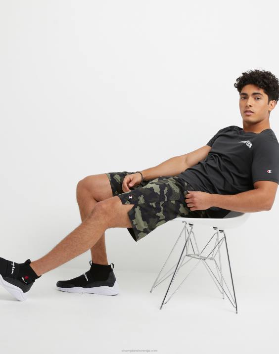 Champion moški kratke hlače mvp, ki odvajajo vlago, celoten tisk in c logotipi 9\" 2B84346 mrežasta kamuflažna tovorna oliva