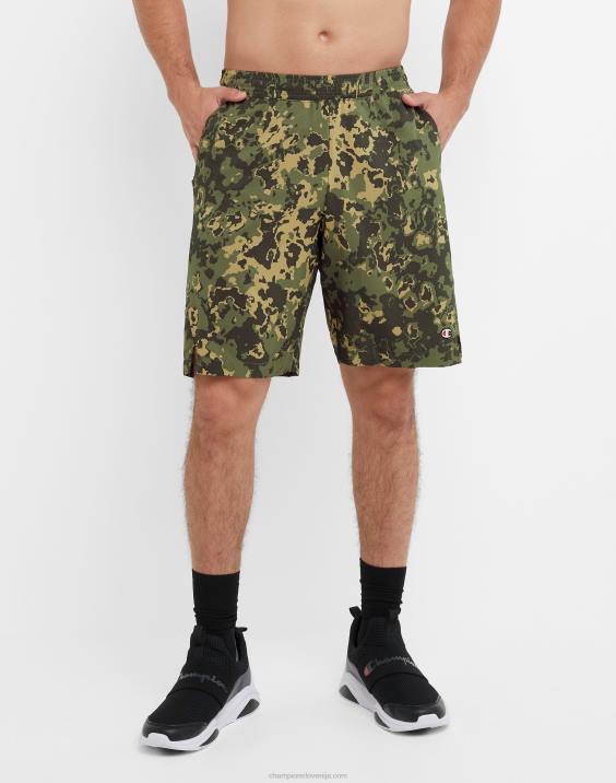 Champion moški kratke hlače mvp, ki odvajajo vlago, celoten tisk in c logotipi 9" 2B84348 crater camo cargo olivno