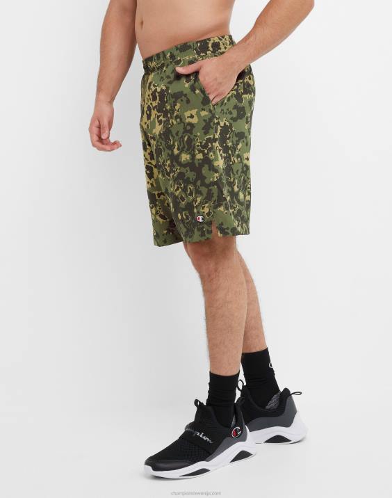 Champion moški kratke hlače mvp, ki odvajajo vlago, celoten tisk in c logotipi 9\" 2B84348 crater camo cargo olivno