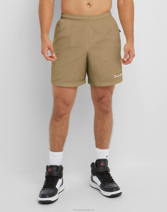Champion moški najlonske ogrevalne kratke hlače z logotipom iz mrežaste podloge 6" 2B84419 polnozrnati kaki