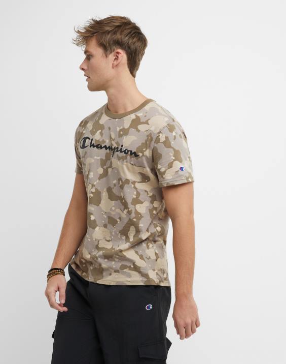 Champion moški klasična majica s tekočo kamuflažo po vsem natisnjenem logotipu 2B84609 camo rozin rjava