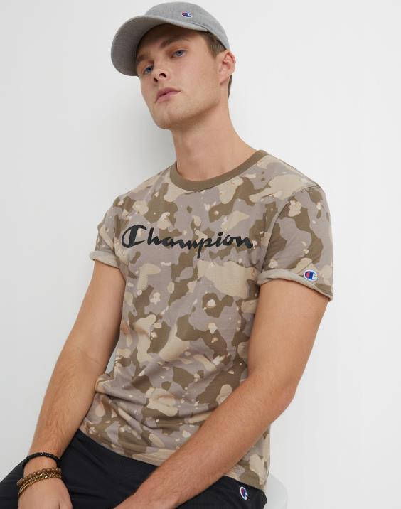 Champion moški klasična majica s tekočo kamuflažo po vsem natisnjenem logotipu 2B84609 camo rozin rjava