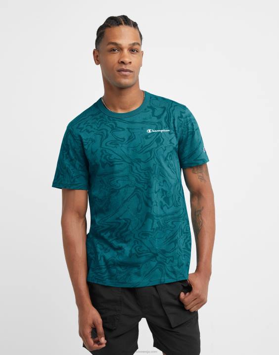 Champion moški klasična majica z logotipom c tekoči marmorni tisk 2B84543 tekoči marmor jungle mint