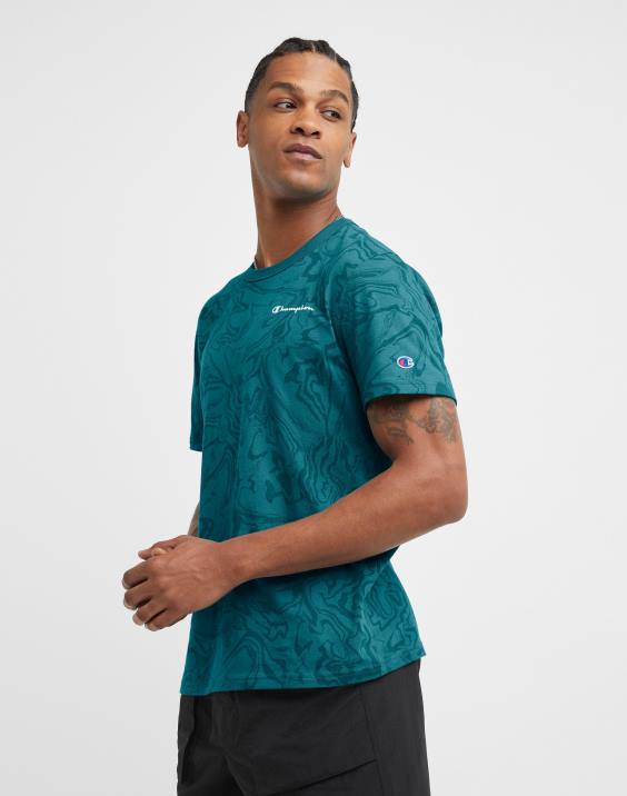 Champion moški klasična majica z logotipom c tekoči marmorni tisk 2B84543 tekoči marmor jungle mint