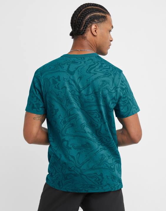 Champion moški klasična majica z logotipom c tekoči marmorni tisk 2B84543 tekoči marmor jungle mint