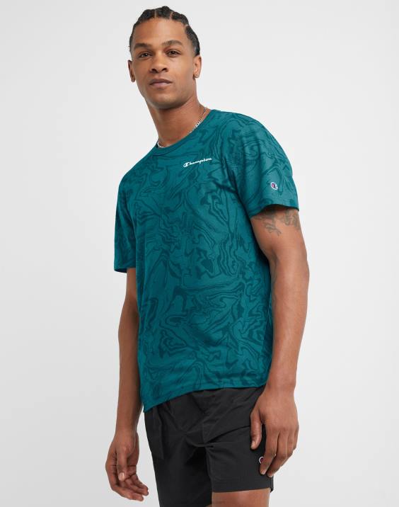 Champion moški klasična majica z logotipom c tekoči marmorni tisk 2B84543 tekoči marmor jungle mint