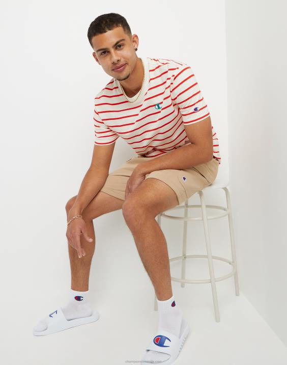 Champion moški klasična črtasta majica 2B84647 kreda bela/solarno škrlatna