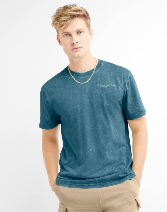Champion moški majica s kislinskim pranjem z valovitim logotipom 2B84535 kislo pranje čudovito turkizno