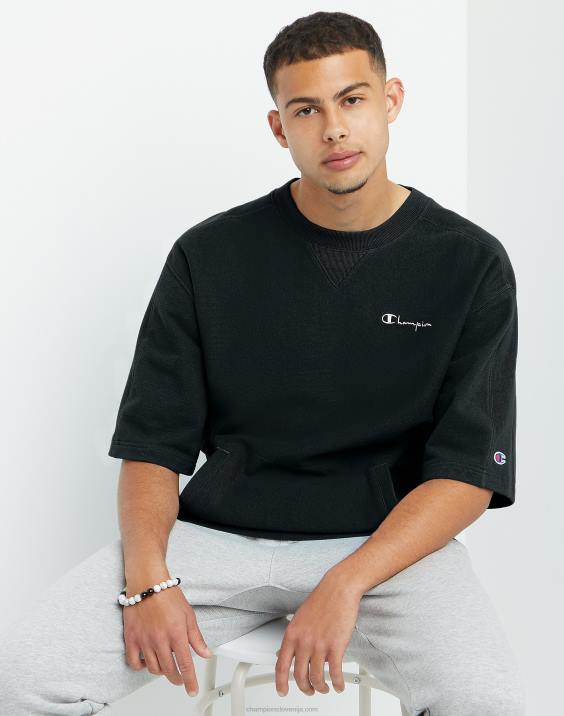 Champion moški obrnjeno tkanje iz francoskega frotirja s kratkimi rokavi s pisnim logotipom 2B84554 Črna