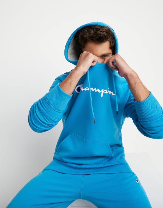 Champion moški Powerblend flis hoodie script logotip 2B8461 modra šoja/bela/hrabra modra