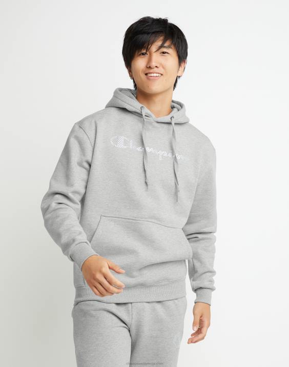 Champion moški Pulover s kapuco iz super flisa, črnilo visoke gostote z dvignjenimi logotipi iz mini folije 2B84169 oksford siva