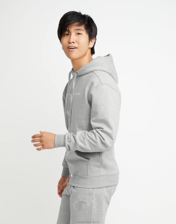 Champion moški Pulover s kapuco iz super flisa, črnilo visoke gostote z dvignjenimi logotipi iz mini folije 2B84169 oksford siva