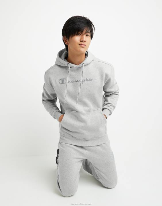 Champion moški Pulover s kapuco iz super flisa, črnilo visoke gostote z dvignjenimi logotipi iz mini folije 2B84169 oksford siva