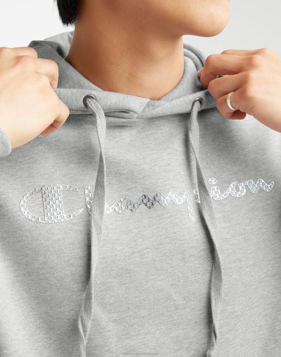 Champion moški Pulover s kapuco iz super flisa, črnilo visoke gostote z dvignjenimi logotipi iz mini folije 2B84169 oksford siva