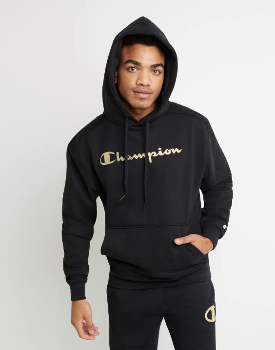 Champion moški Pulover s kapuco iz super flisa, črnilo visoke gostote z dvignjenimi logotipi iz mini folije 2B84170 Črna