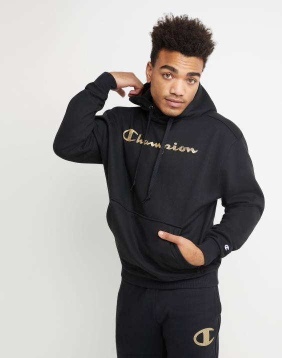 Champion moški Pulover s kapuco iz super flisa, črnilo visoke gostote z dvignjenimi logotipi iz mini folije 2B84170 Črna