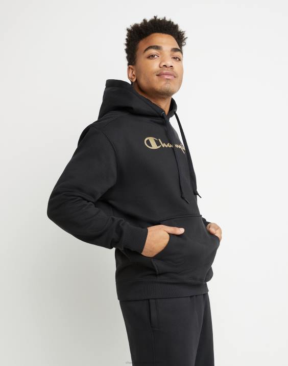 Champion moški Pulover s kapuco iz super flisa, črnilo visoke gostote z dvignjenimi logotipi iz mini folije 2B84170 Črna