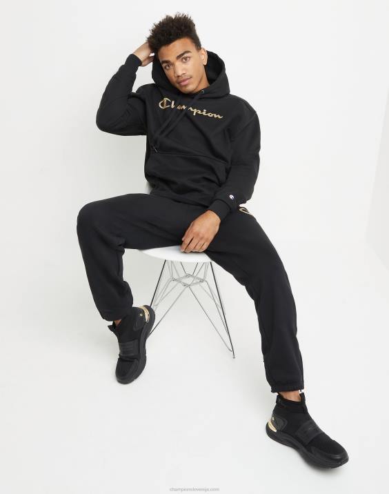 Champion moški Pulover s kapuco iz super flisa, črnilo visoke gostote z dvignjenimi logotipi iz mini folije 2B84170 Črna