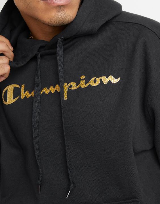 Champion moški Pulover s kapuco iz super flisa, črnilo visoke gostote z dvignjenimi logotipi iz mini folije 2B84170 Črna