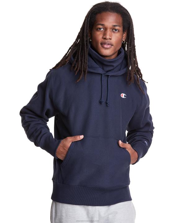 Champion moški Pulover s kapuco v vzvratnem tkanju serije clab defender z dvema snemljivima maskama z rutami 2B84108 mornarica