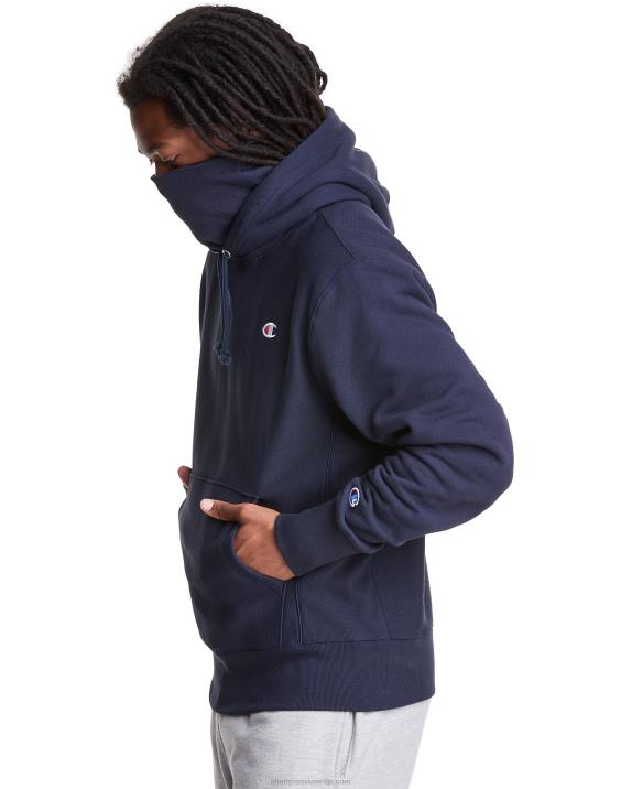 Champion moški Pulover s kapuco v vzvratnem tkanju serije clab defender z dvema snemljivima maskama z rutami 2B84108 mornarica