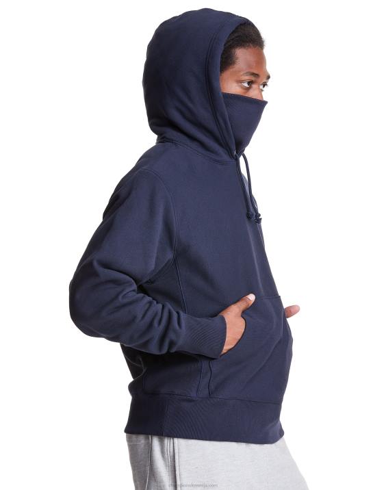 Champion moški Pulover s kapuco v vzvratnem tkanju serije clab defender z dvema snemljivima maskama z rutami 2B84108 mornarica