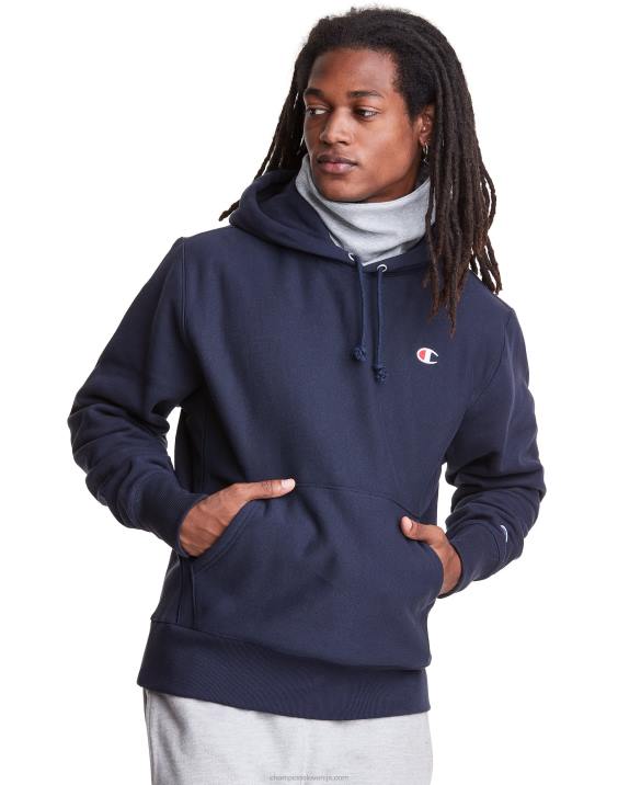 Champion moški Pulover s kapuco v vzvratnem tkanju serije clab defender z dvema snemljivima maskama z rutami 2B84108 mornarica