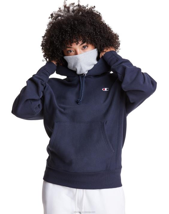 Champion moški Pulover s kapuco v vzvratnem tkanju serije clab defender z dvema snemljivima maskama z rutami 2B84108 mornarica