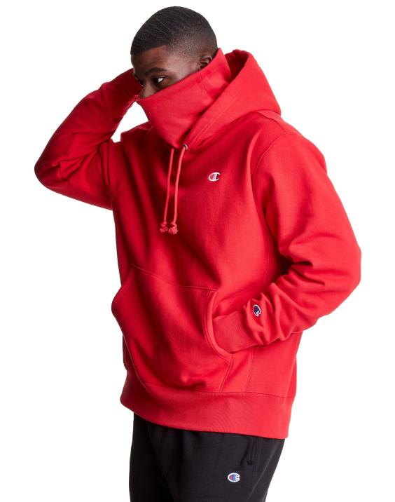 Champion moški Pulover s kapuco v vzvratnem tkanju serije clab defender z dvema snemljivima maskama z rutami 2B84109 škrlat