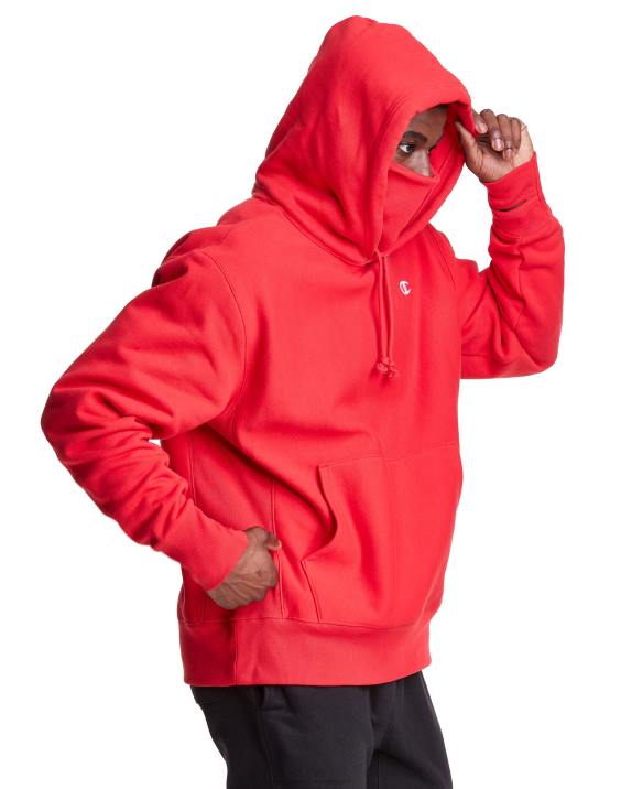 Champion moški Pulover s kapuco v vzvratnem tkanju serije clab defender z dvema snemljivima maskama z rutami 2B84109 škrlat