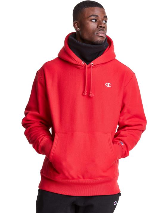 Champion moški Pulover s kapuco v vzvratnem tkanju serije clab defender z dvema snemljivima maskama z rutami 2B84109 škrlat