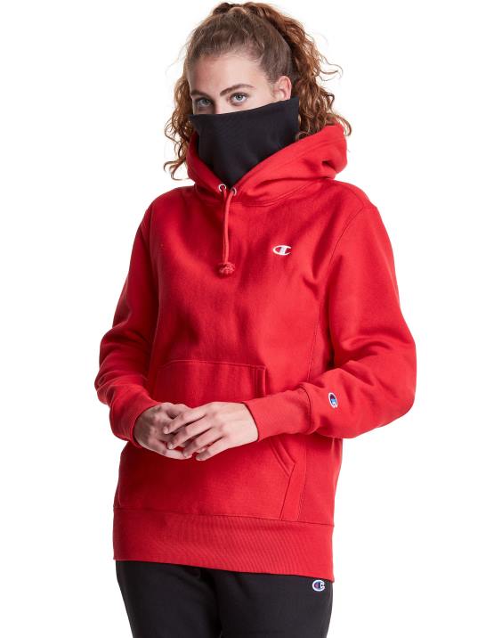 Champion moški Pulover s kapuco v vzvratnem tkanju serije clab defender z dvema snemljivima maskama z rutami 2B84109 škrlat