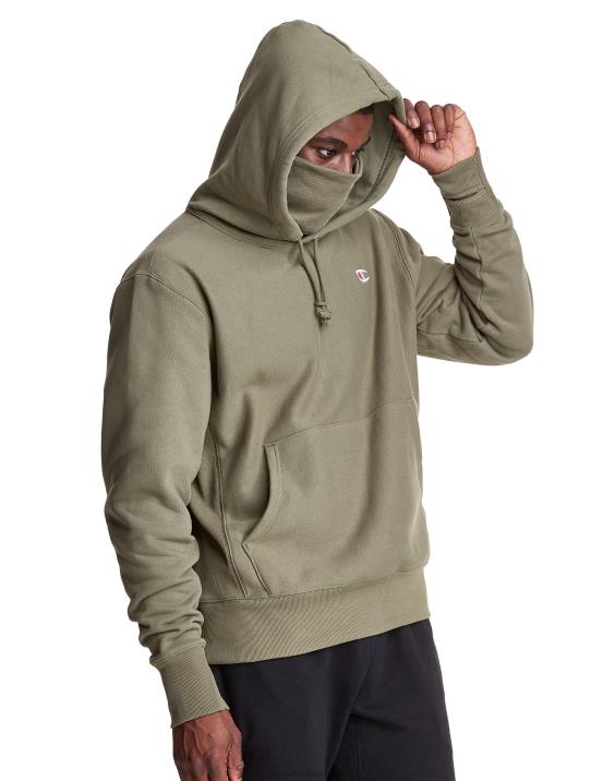 Champion moški Pulover s kapuco v vzvratnem tkanju serije clab defender z dvema snemljivima maskama z rutami 2B84112 tovorna oljka