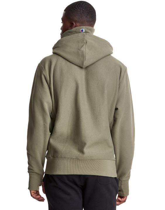 Champion moški Pulover s kapuco v vzvratnem tkanju serije clab defender z dvema snemljivima maskama z rutami 2B84112 tovorna oljka