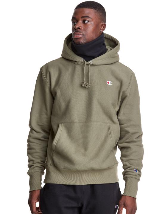 Champion moški Pulover s kapuco v vzvratnem tkanju serije clab defender z dvema snemljivima maskama z rutami 2B84112 tovorna oljka
