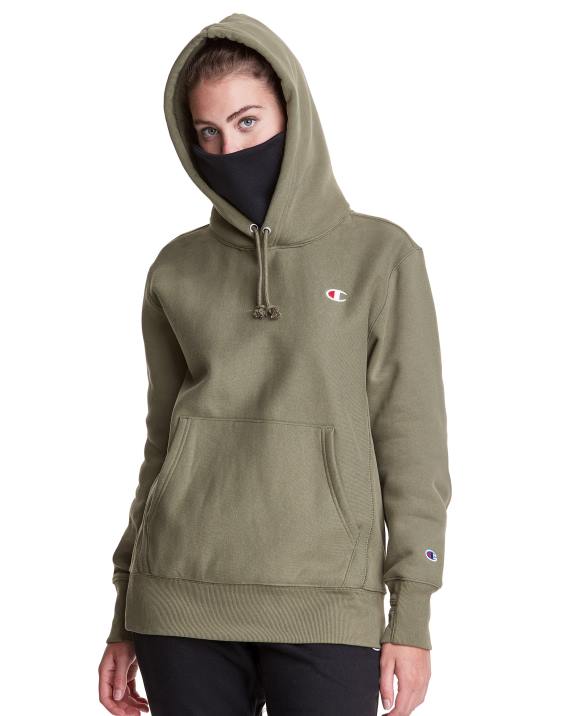 Champion moški Pulover s kapuco v vzvratnem tkanju serije clab defender z dvema snemljivima maskama z rutami 2B84112 tovorna oljka